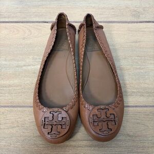 TORY BURCH Gabi Ballet Whipstitch Brown Braided Tan Leather Flats